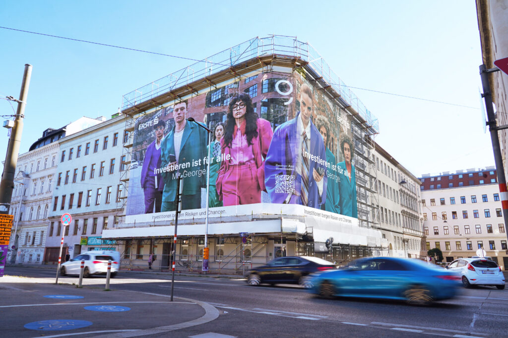 Erste Bank Kampagne auf Gerüstwerbefläche von Popp Vision in Wien